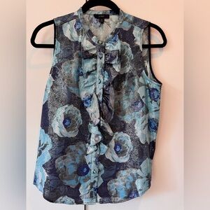 J. Crew Blue Floral Metallic Ruffle Front Sleeveless Camisole